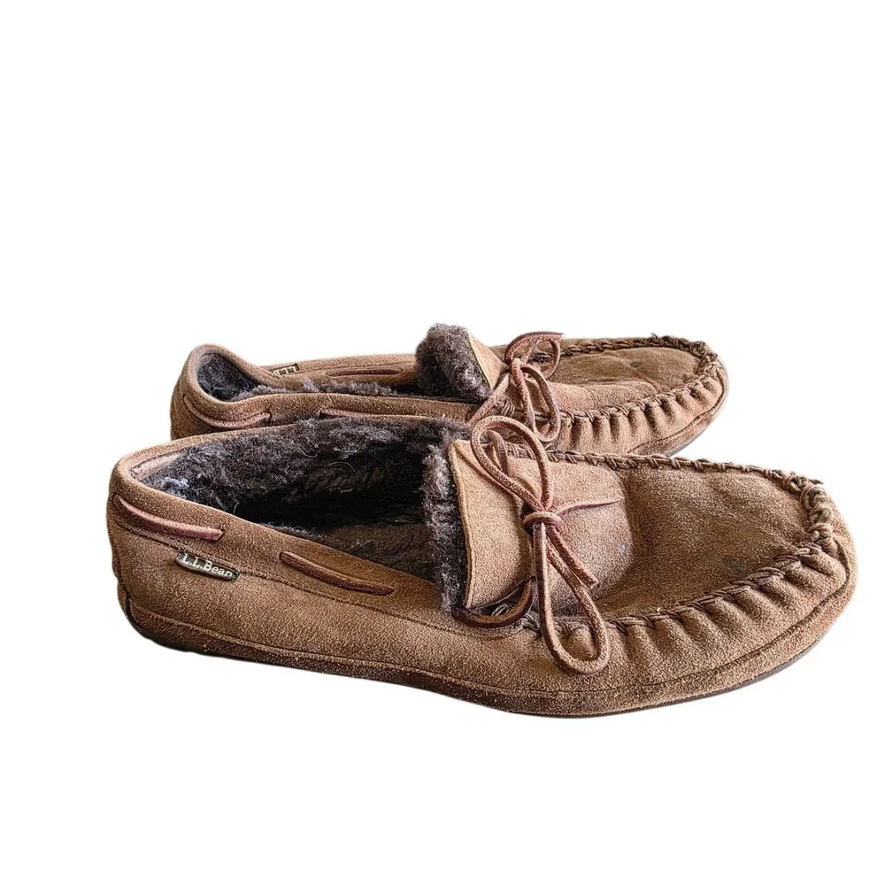 L.L. Bean Men Moccasin Suede Sherpa Lined Slipper Brown Sz 9